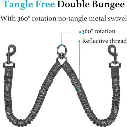 FlexiWalk™ Shock-Absorbing Double Dog Leash – Nylon, Stretchable, Anti-Winding for Comfortable Walks